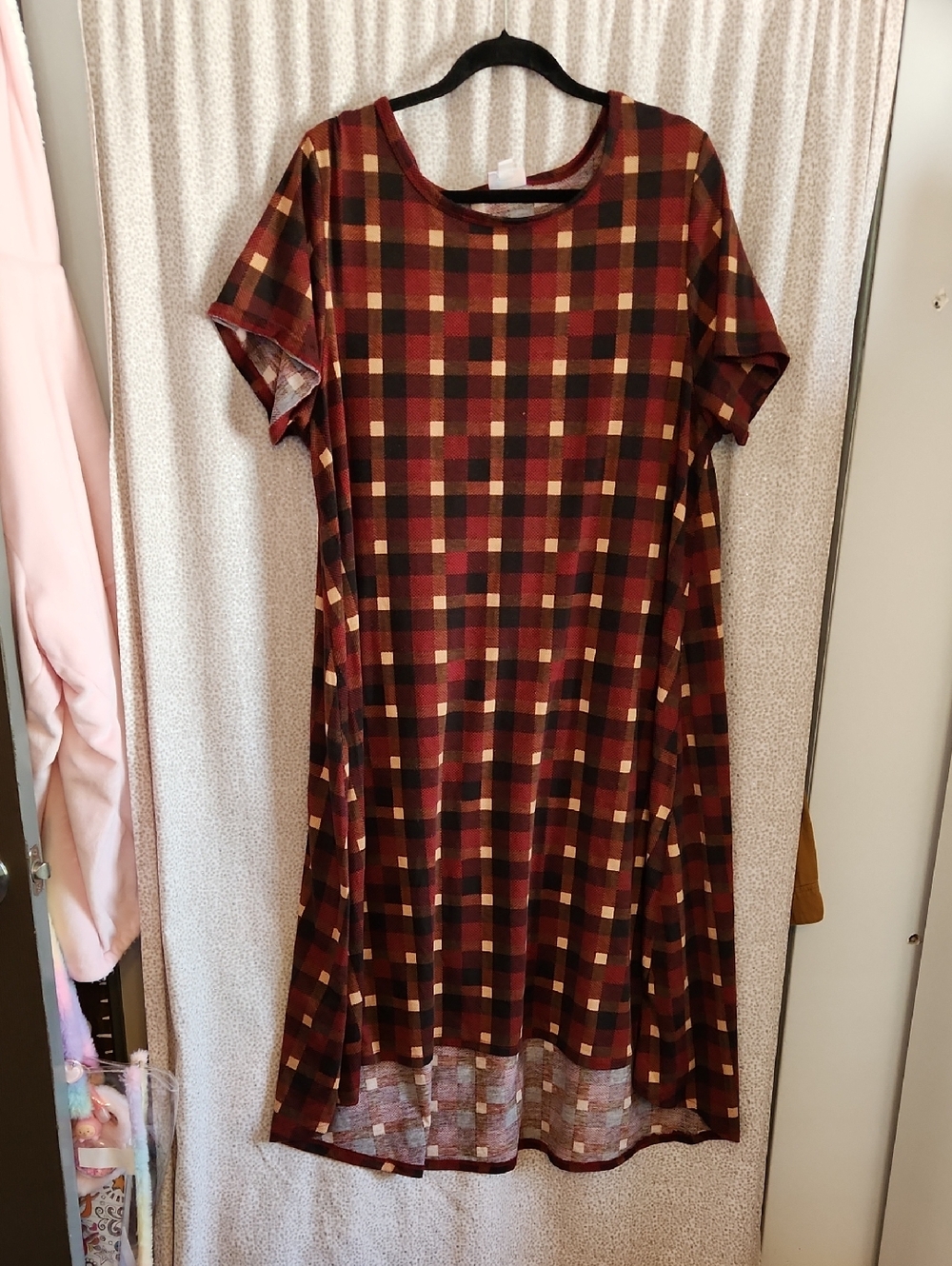 Lularoe Plaid Short-Sleeve Midi Dress in Burgundy and Mustard FINAL PRICE